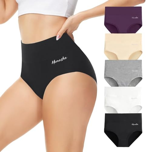 Momoshe Mutande Donna Cotone Vita Alta Pacco da 5 Slip Traspirante Culotte Comode Elasticizzato Intimo Nero Bianco Grigio Beige Viola L