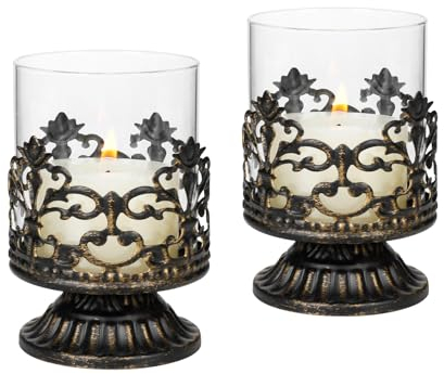 Candeldo Deko Vintage Gothic Kerzenständer Schwarz: 2er Set Windlicht Kerzenleuchter Kerzenhalter Metall Landhaus Dekoration Wohnzimmer Fensterdeko Barock Deko Windlichter Halloween