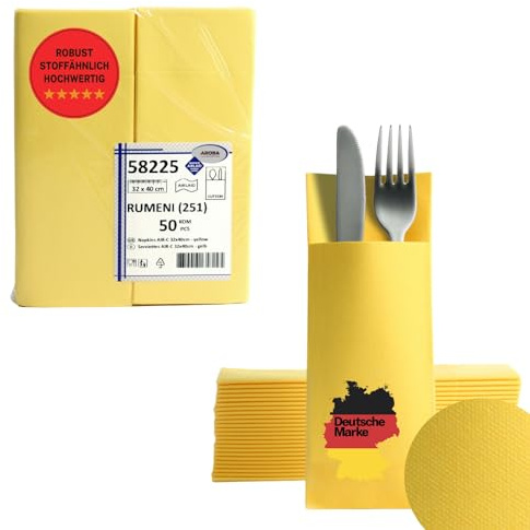 AROBA 50 x Airlaid Cutlery Napkins (Yellow, 32 x 40 cm), High-Quality Napkin Pockets, Ready-Folded Cutlery Pockets, Fabric-Like Airlaid Napkins