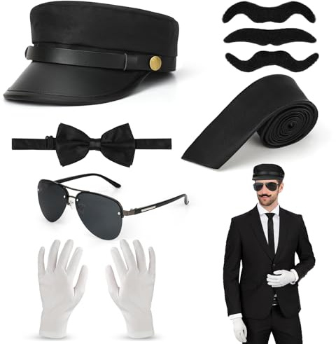 6 Pzs Accessori Per Costume da Autista, Cappello Autista Occhiali Da Sole Baffi Finti Papillon Cravatta Nera Guanti Bianchi, Accessori Costume Da Autista Di Taxi Degli Anni 80 Per Cosplay Festa a Tema