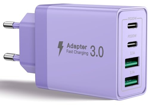 Caricatore USB C,40W 4Porte Presa USB Multipla Spina Ricarica,Muro Caricabatterie Rapido per Samsung S24 S23 S9 iPhone 16 15 14 12 11 Pro Max iPad,Carica Rapida Alimentatore Type C Adattatore,Viola