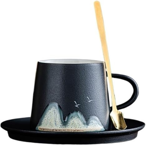 MEMEM Coffee cupMugs Hand-Painted Coffee Mug Ceramic Set 200ml Afternoon Tea Latte Mug Household with Spoon Mug Coffee Mug(Black)