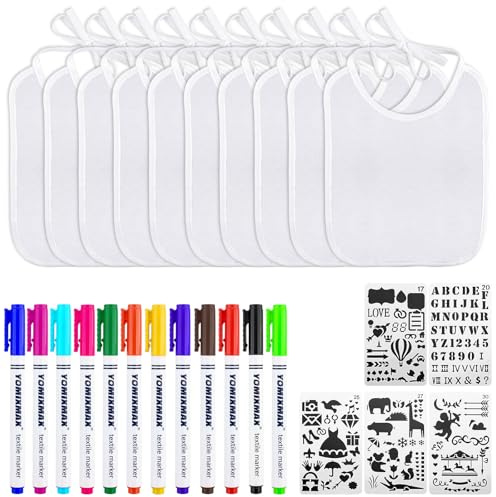 Zosenyer Bavoirs pour Peinture, 14 Bavoirs Blancs pour Bébé 12 Pinceaux pour Enfants et 5 Pochoirs Peints, Imperméables en Coton Idéal pour les Cadeaux pour Nouveau né Garçon ou Fille