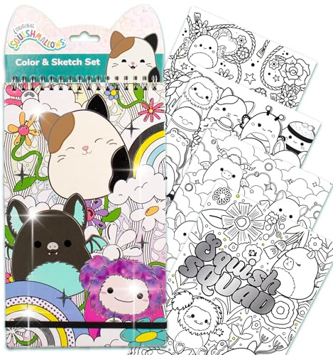 Original Squishmallows Farb- und Skizzen-Set, 15-seitiges Skizzenbuch, Farb- und Skizzenbuch, Skizzenblock, Zeichenblock für Kinder, Malbücher für Kinder, niedliche Malbücher, kleines Skizzenbuch