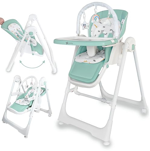 Twinly - Seggiolone Evolutivo 3 in 1 Movity: Seggiolone Pappa con Funzione Altalena e Dondolo per Neonati (0m+ - 15kg) Pieghevole e Regolabile Cintura di Sicurezza 5 Punti (Menta, Movity Pro)