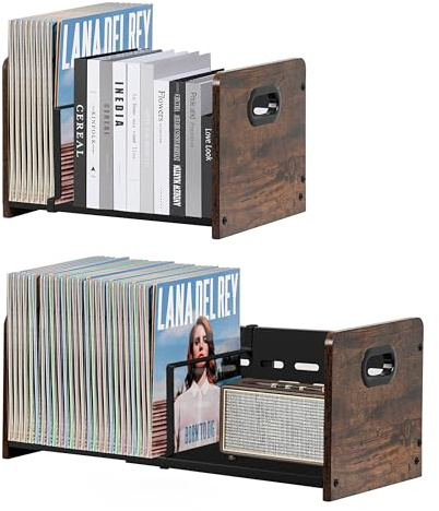 LOFTEY Vinyl Record Storage Holder, Expandable Vinyl Record Organizer with Movable Divider, 60-120 LP Album Storage, Magazine Rack, Rustic Brown