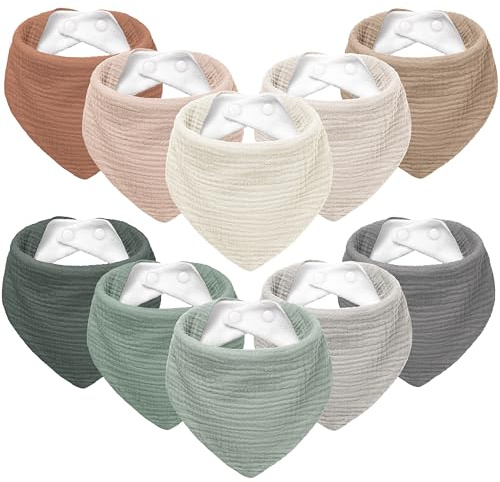 Susurration Muslin Baby Bibs 10Pack Soft Triangular Adjustable Baby Dribble Bandana Bibs with Adjustable Snaps for Unisex Baby Girls & Boys
