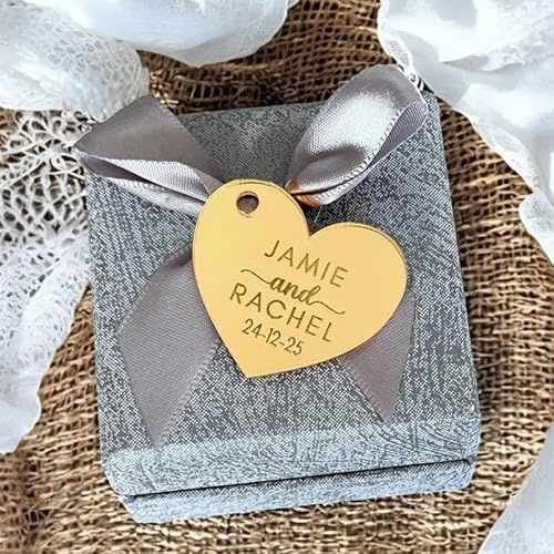 Personalisierte Acryl-Spiegelschilder mit Namen als Namensschild in Herzform für Verlobung, Gastgeschenk, Taufe, Hochzeit, Verlobung (10-100 Stück)