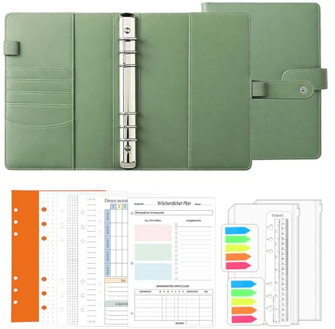 Ringbuch A5 Nachfüllbar, Notizbuch Mit Binder Taschen Haushaltsbuch, 135 Blätter Nachfüllpapier Reißverschlusstaschen Lineal für Schule Reisen Geschenk (Olivgrün)
