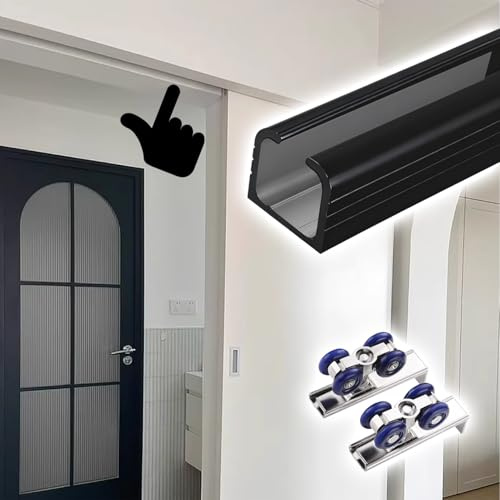 schiebetürbeschlag Hochleistungs-Schiebetürschienensatz, Leiser Schiebetürschienensatz, 2 mm Dicke Metall-Schiebetürbeschläge für Schränke, Einfach Installieren(Black,300cm/118.1in)