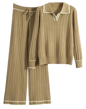 Completo casual da donna in 2 pezzi con top in maglia a collo lungo e pantaloni mpleto casual da donna in 2 pezzi con top in maglia a collo lungo e pantaloni a gamba larga, outfit quotidiano