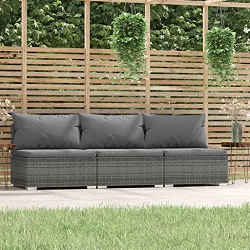 LoogCape 3-Sitzer-Sofa mit Kissen, Grau, Poly Rattan, Modulares Gartensofa für Terrasse und Balkon, Wetterfestes Outdoor Loungesofa mit Stahlrahmen