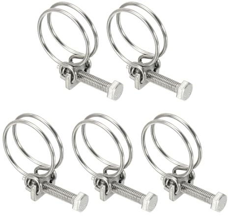 sourcing map 5 Pcs Double Wire Hose Clips 25-29 mm 201 Stainless Steel Adjustable Wire Pipe Tube Clamps with M6 Screw Plumbing Joint Fastener for Dust Collection Pool Pond, Silver