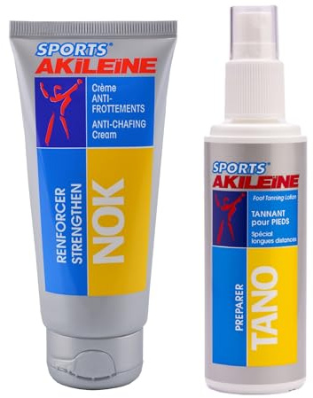 AKILEINE – Sports Nok + Tano – Pack Crema Anti-Rozaduras y Spray Preparador para Pies – Para Ampollas, Roces y Largas Distancias – 75 ml + 100 ml