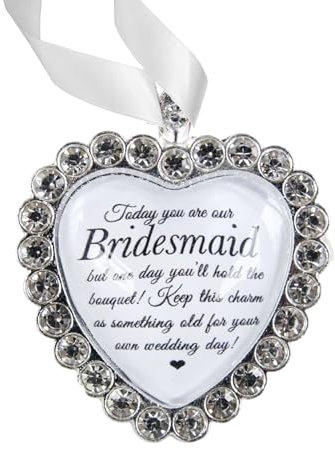 Bridesmaid Bouquet Charm Gift – Rhinestone Heart Keepsake with Sentimental Message, Wedding Party Thank You, Something Old for Bridesmaids From Bride, Elegant Ribbon Decoration for Bouquets