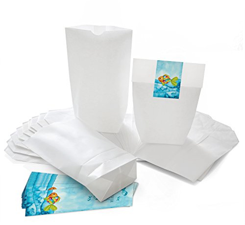 Logbuch-Verlag 25 weiße Papiertüten + Aufkleber Regenbogenfisch bunt SCHÖN DASS DU DA BIST Gastgeschenk Verpackung Kommunion Taufe 14 x 22 x 5,5 cm