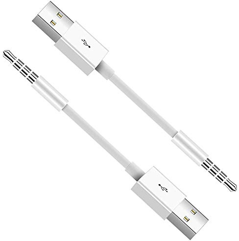 Lot de 2 câbles pour iPod Shuffle, prise jack 3,5 mm vers chargeur USB + câble de synchronisation de données compatible pour Apple iPod Shuffle 3ème 4ème 5ème génération MP3/MP4 Blanc