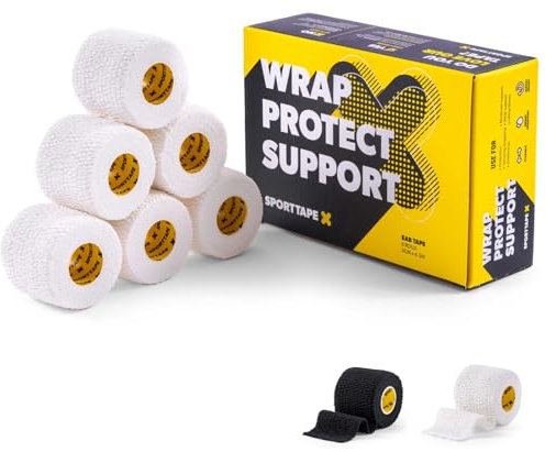 6 Rolls SPORTTAPE Tearable 5 cm x 4.5 m Elastic Adhesive Bandage EAB – Strong-Grip, Breathable Sports Tape | Rugby Lifting, Joint Support, Compression & Thumb Taping – White