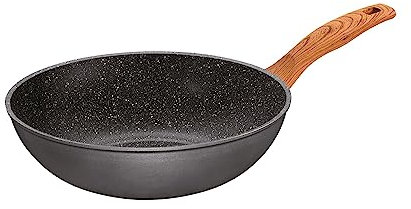 STONELINE® Back to Nature Wok 30 cm, Made in Germany, con manico effetto legno, anche per arrostire senza olio e grasso, rivestimento antiaderente antigraffio con vere particelle di pietra, wok a indu