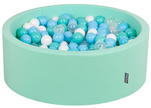 KiddyMoon OK30D-165 Bällebad 90X30cm/200 Bälle ∅ 7Cm Bällepool Mit Bunten Bällen Für Babys Kinder Rund, Mint:Helltürkis-Weiß-Transparent-Baby Blau