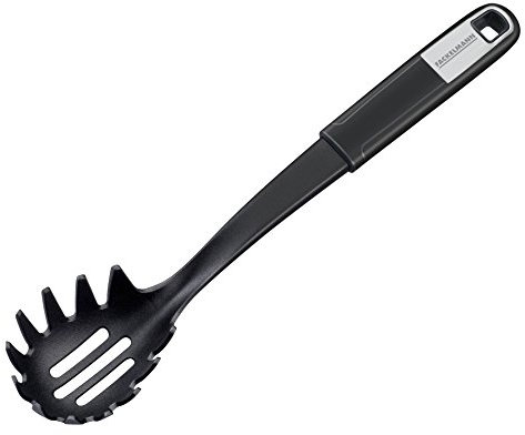 Fackelmann Spaghettilöffel 30 cm SENSE, Nudellöffel mit Funktionsteil aus Kunststoff, rutschfester Soft-Touch-Griff, für beschichtete Pfannen und Töpfe (Farbe: Silber/Schwarz), Menge: 1 Stück