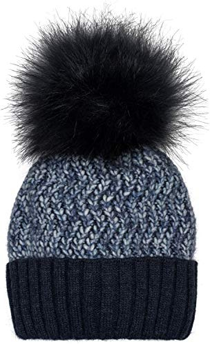 styleBREAKER Damen Strick Bommelmütze Buntes Muster | Isolierendes Thermo-Fleece-Futter, extra großer 12 cm Fake-Fur-Pompon, 21 cm Bund (dehnbar für 46-60 cm Kopfumfang).