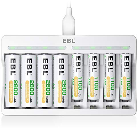 EBL Chargeur de Piles Rapide - Chargeur Piles 9010 avec 4pcs AA Piles Rechargeables 2800mAh et 4pcs AAA 1100mAh NI-MH, 8 Slots avec Indicateur Intelligent