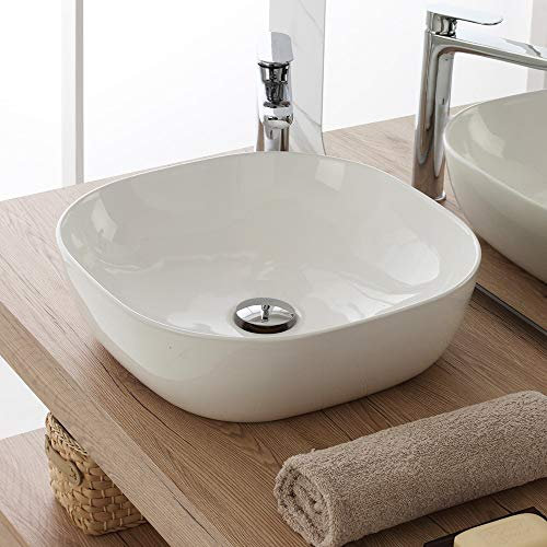 Inbagno Lavabo da appoggio Bianco Lucido in Ceramica, 42,5 x 42,5 x h.14,5 cm, Lavandino Bagno con Design Moderno