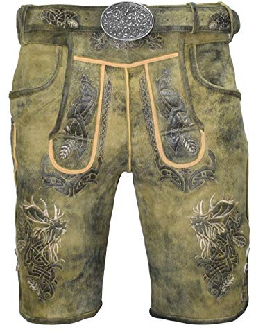 Kurze Herren Trachten Lederhose mit Gürtel, Olive Meliert, Wildbockleder, Antik (Olive Meliert