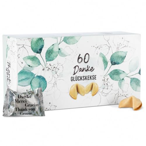 FOOD crew 60x Glückskekse Danke – Dankeschön-Geschenk & Gastgeschenke für Hochzeit, Taufe & Geburtstag – einzeln verpackt mit Sprüchen, vegan, Made in Germany