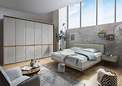 WIEMANN Barcelona Bett, Doppelbett, Bettgestell 160 x 220 cm, Bianco Eiche, Futonbett, schwebend, Komforthöhe, Kopfteil gepolstert, creme, gesteppt