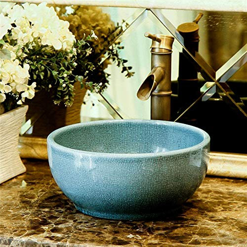Lavabo da appoggio in ceramica effetto craquelé, per bagno, guardaroba, lavabo, bacinella Kasbah dipinta a mano, 350 mm, 300 mm (30 cm, blu)