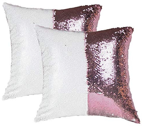 JYFLZQ Sublimation Blank Sequin Pillowcases 16''x16'', 2pcs Pink Flip Reversible Sequin Cushion Pillow Covers Decorative Pillow Cases, Personalized Gift for Friend Family