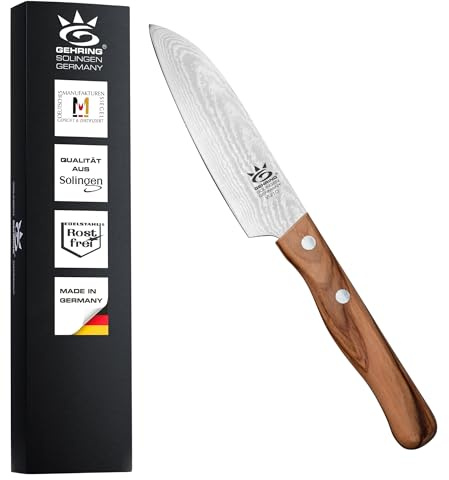 Solingen Look Damast Santokumesser 11 cm I scharfes Profi Küchenmesser I eisgehärter Damaststahl VG10 I ergonomischer Olivenholzgriff I Damastmesser I Made in Germany