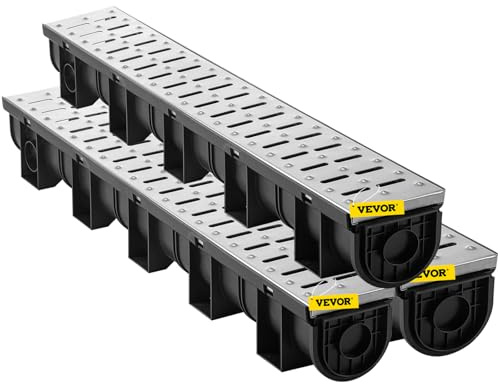 VEVOR Trench Drain System 3 Pack, Channel Drain with Metal Grate 5.9 x 5.1 in HDPE Drainage Trench, Black Plastic Garage Floor Waterway 3 x 39 in with 3 End Caps for Garden Driveway