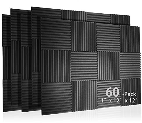 Lot de 60 panneaux acoustiques en mousse de polyuréthane insonorisants pour absorber le son sur les murs, 2,5 x 30,5 x 30,5 cm, matériau insonorisant pour plafond de studio à domicile (lot de 60)