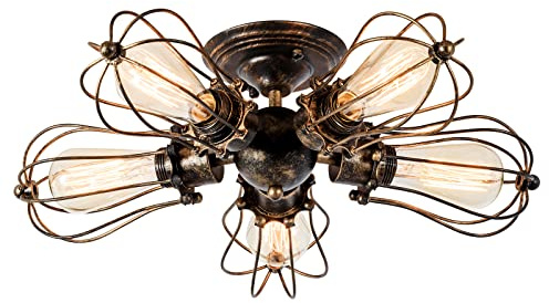 Luling Vintage Deckenleuchte Industrielüster Verstellbare Steckdose Metalldrahtkäfig Halbschalenmontage Rustikale Deckenleuchte Leichtmetall-Leuchten (ohne Glühbirne) (mit 5 Licht) (Bronze)