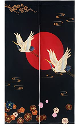 LIGICKY Japanischer Stil Dick Noren Lang Vorhang Türvorhang Raumteiler Tapisserie für die Heimtextilien 85 x 150 cm, Schwarz, Weißer Kranich, Rote Sonne und Blumen