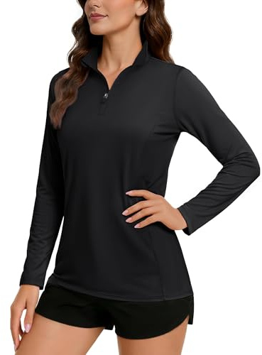 TACVASEN Damen Rash Guard UV Sonnenschutz Langarmshirt Schnelltrocknend Laufshirt Leicht Outdoor Shirt (M, Schwarz)