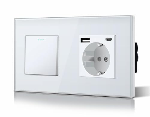 BSEED Interruptor Cruzamiento 1 Gang 3 Vía Con Enchufe USB/Tipo C,Marco de Cristal,10A Interruptores Pared con Punto Fosforescente,Instalación Horizontal o Vertical,Serie M,157mm Blanco