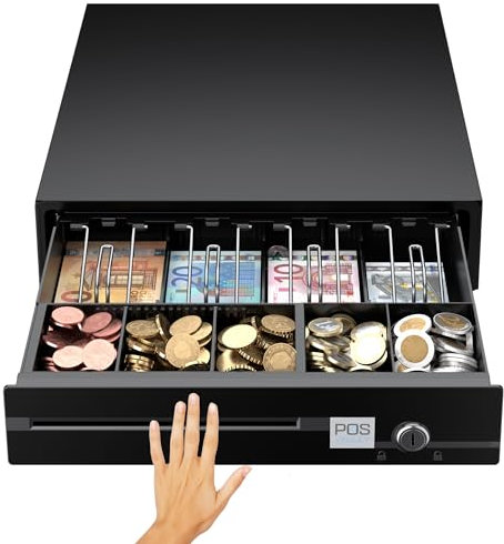 POS VALLEY Kassenschublade Push - Druckknopf Öffnung, mit 5 Münzfach und 4 Scheinfächer (euro), Abschließbar - Kassenlade, Geldschublade, Kassen Schublade - 33x37x9 cm (Schwarz)