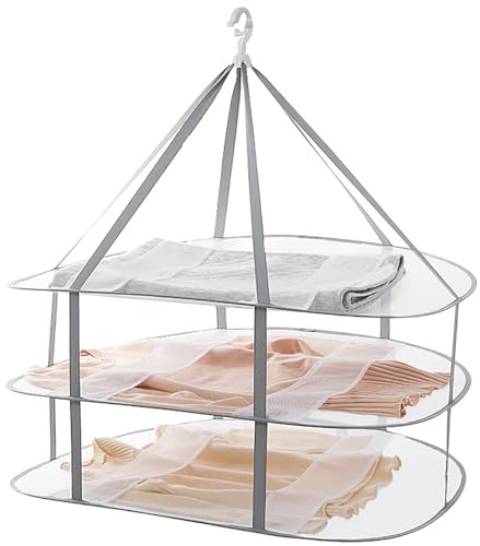 Funvalley Surperfect Foldable Hanging Mesh Dryer, Sweater Drying Rack 3-Tier Network Foldable Drying Basket Racks for Sweater,Toy,Socks, Feather Jacket,Outdoor, Indoor, Potable (1)