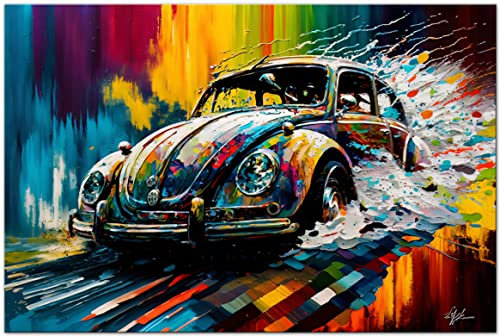 PRINTONIA Bild auf Leinwand 120x80 cm Volkswagen VW Käfer Oldtimer Abstrakt Grafik Art Automobil Bilder Deko Dekoration Wandbild Kunstdruck