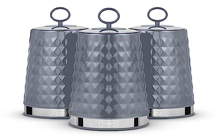 Tower Solitaire Set of 3 Canisters, Mirror Finished Steel Lid with Round Loop, Airtight, Grey