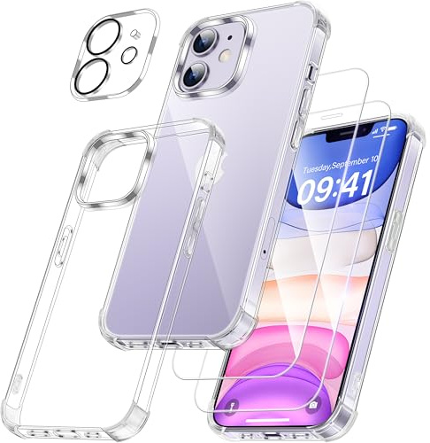 FLLAO 4 en 1 Coque pour iPhone 11 avec 2 Verre Trempé et 1 Caméra Protecteur, [Coussin d'air Intégré] Antichoc Antirayures Bumper Protection Housse pour iPhone 11 6.1, Transparent