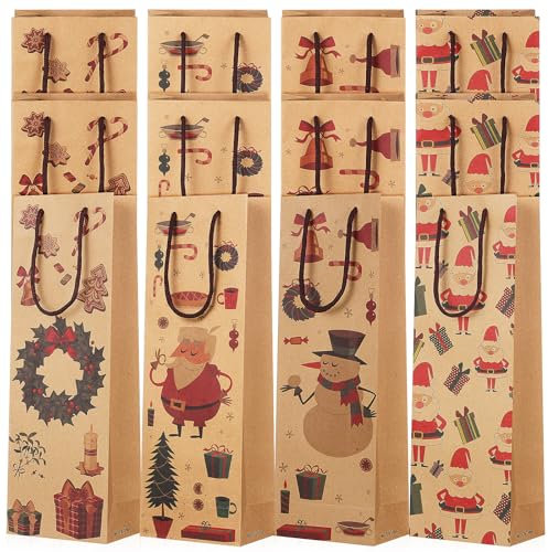 Operitacx 12 StüCk GeschenktüTen Flaschen, Wiederverwendbar Kraftpapier FlaschentüTen Weihnachten Mit Griff GeschenktüTen FüR Weinflaschen, 36.5x12.5x8cm