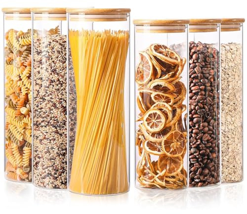 ComSaf Glass Food Storage Jars Set of 6, Tall Glass Storage Containers with Lids, Spaghetti Jar, Canisters Set for the kitchen, Pasta, Flour, Nuts, Oat, Coffee and Sugar Container, Pantry Organization