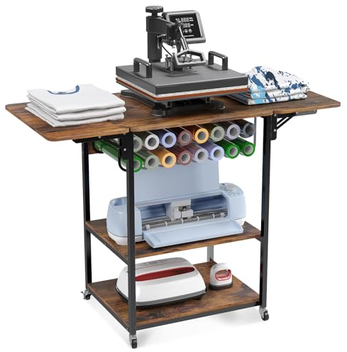 Crafit 3 Tier Movable Heat Press Table, Foldable Heat Transfer Machine Stand with Vinyl Roll Holder, Heavy Duty Rolling Metal Workbench for DIY Sublimation Transfer Machine and Sublimation Printer