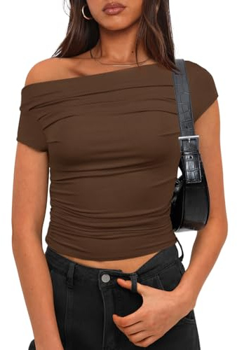 Women's Casual Basic Going Out Crop Tops Slim Fit Short Sleeve Boat Neck Tight T Shirts 9048 Coffee S
