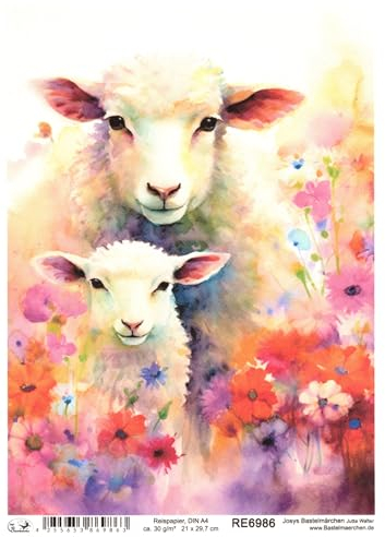 Josys Bastelmärchen Reispapier DIN A4 Strohseide Decoupage Motiv Ostern Schaf Lamm Blumen RE6986